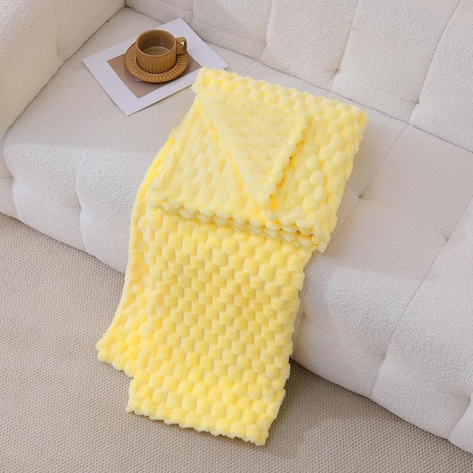 Bright Yellow Fleece Throw Blanket 60”×80” for Couch Sofa Bed Super Soft Cozy Plush Microfiber Flannel Blanket with 3D Jacquard Decorative Lightweight for Mom Woman