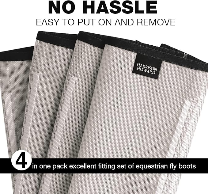 Harrison Howard Loose Fitting Fly Boots UV-Protective Extra Tough Mesh Ventilated Four Fasteners Stay-on Design Protect Horse Legs & Stomp-Reducing Set of 4 Silver Grey Medium