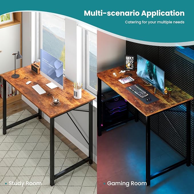 OLIXIS 40 Inch Office Desk, Computer Desk, Home Office | Writing Work Study Student, Bedroom Table Small Spaces, Metal Frame Sturdy Durable, Easy Assembly, Modern Rust