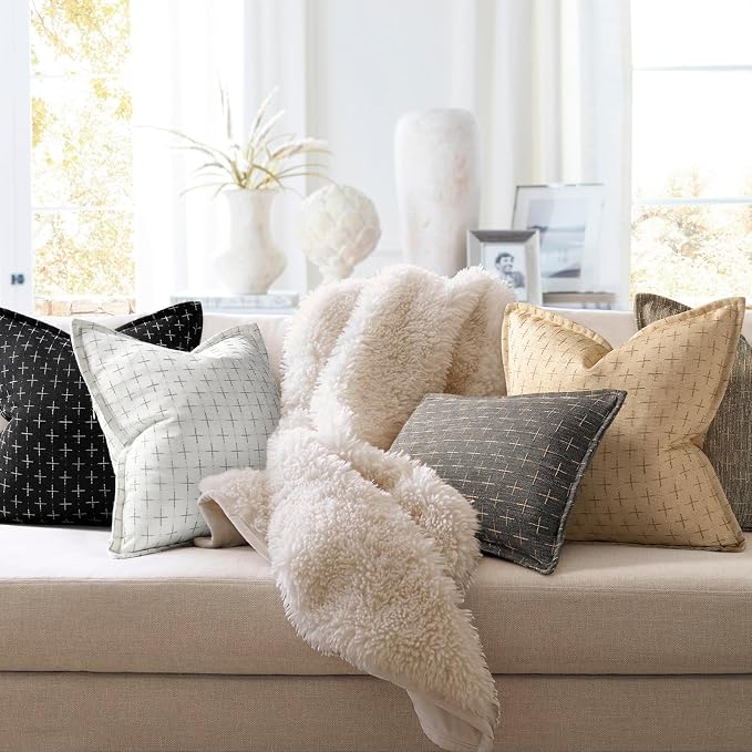 Pillow Covers 16x16 Set of 2 Soft Polyester Textured Pillow Covers with Stylish Flange Edge Cozy Farmhouse Throw Pillows for Couch Bed Sofa Living Room
