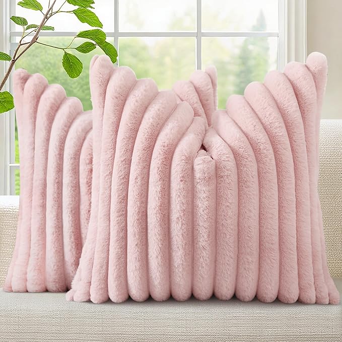 decorUhome Fall Faux Fur Throw Pillow Covers 26x26 Set of 2 Pink | Decorative Soft Cozy Striped Plush Modern Farmhouse Boho Couch Pillow Cases Velvet Back for Sofa Bed Living Room Home Decor