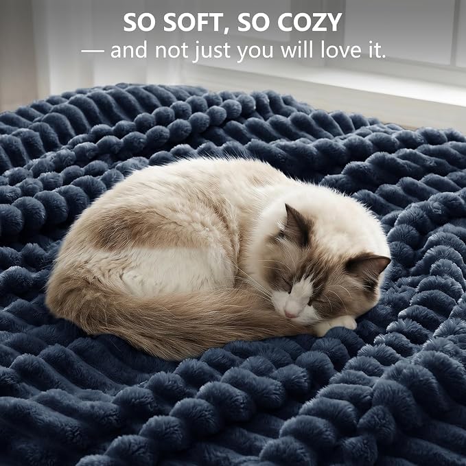 Navy Blue Throw Blanket for Couch & Bed, 50 x 60 Inch | 300GSM Ribbed Fleece Blanket, Soft, Cozy & Lightweight, OEKO-TEX Certified, All-Season Use for Travel, Dorm & Home Decor