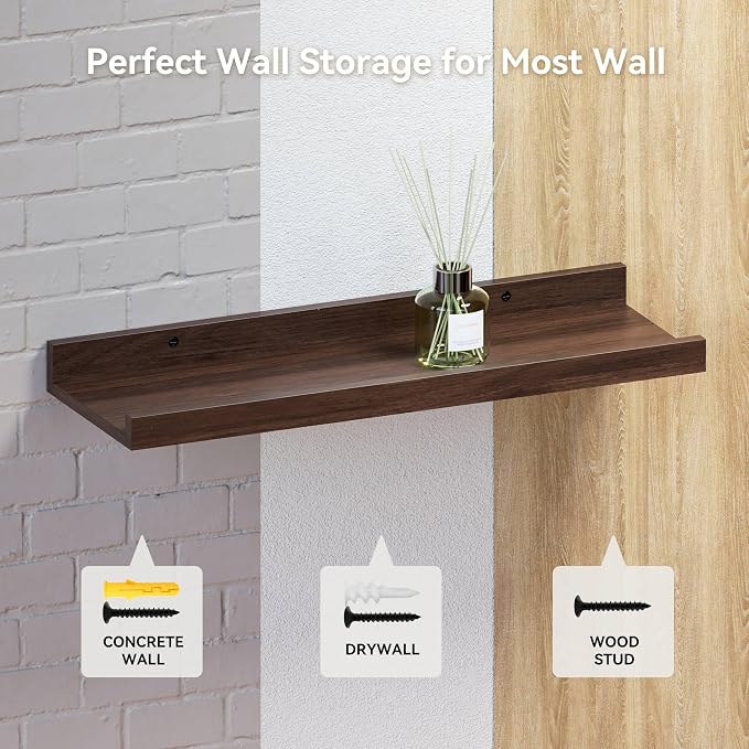 Boswillon Floating Shelves Set of 2, Long Wall Shelf with Lip, 36in, Walnut | Display Ledge Shelf for Room Wall, Wall Decor Shelves for Bathroom, Living Room, Bedroom, Kitchen, Nursery Room, Rustic, Wood