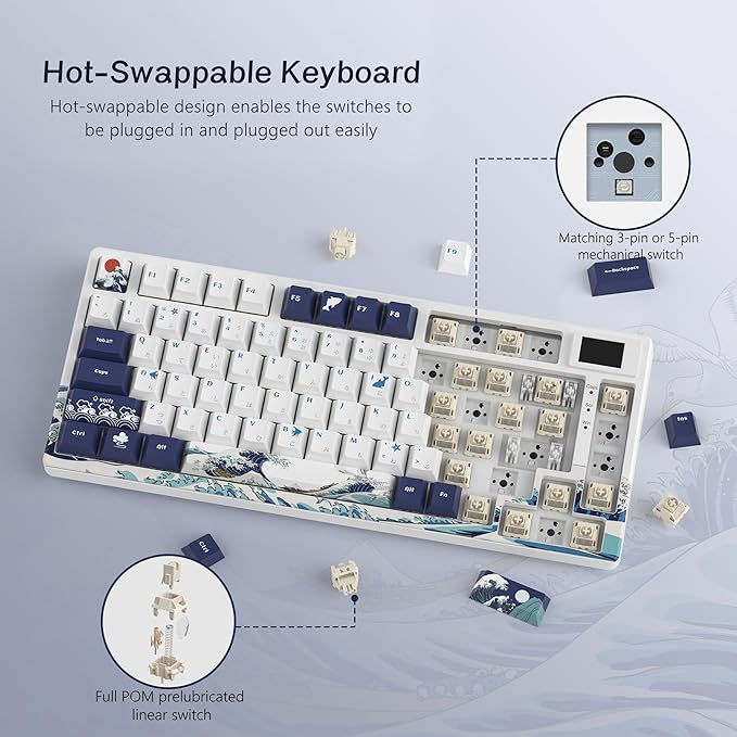 Womier SK80 75% Keyboard with Color Multimedia Display Gaming Keyboard | Creamy Sound Mechanical Wired Hot Swappable Gasket RGB Custom Key board, Pre-lubed Stabilizer for Mac/Win, White Kanagawa
