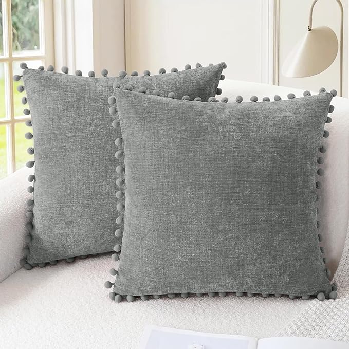 CaliTime Decorative Couch Throw Pillow Covers 22 X 22 Inches Medium Grey | Pack of 2, Cozy Chenille Cushion Cases, with Pom Poms for Sofa Bed Living Room Farmhouse Home
