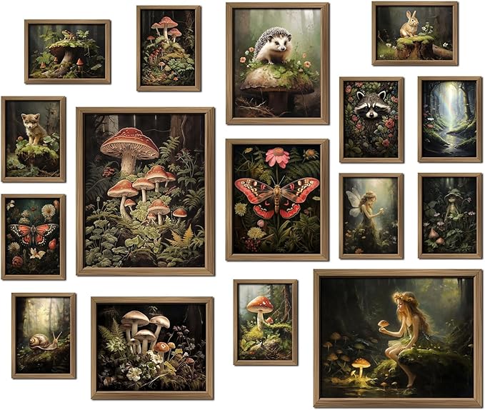 ANERZA 16 PCS Dark Cottagecore Wall Art Decor, Cottage Core Gallery Wall Prints for Bedroom, Fairycore Posters for Living Room Aesthetic, Nature Forest Mushroom Collage Kit, Whimsical Dorm Home Decor