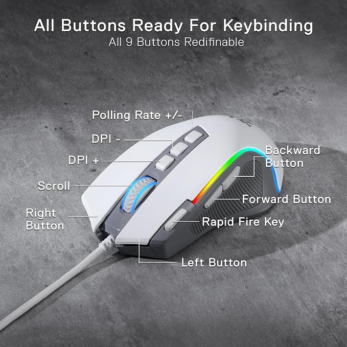 Redragon M612 Wired RGB Optical Gaming Mouse 8000 DPI Remapping Keys | Stable Lag-Free Connection, Redefine Keybinding Macro, Rapid-Fire Side Clicker, Vibing Backlight