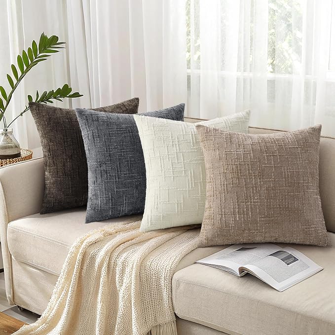 decorUhome Textured Chenille Throw Pillow Covers 16x16 Set of 2 Oatmeal | Fall Modern Farmhouse Soft Cozy Slubby Couch Pillow Cases Boho Decorative Pillow Cases for Bed Sofa Living Room Home Decor