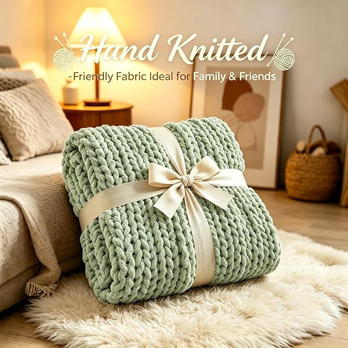 Chunky Knit Blanket Throw for Couch, 40"x50" Chunky Yarn Knitted Blankets | 100% Hand Knit Thick Chenille, Soft Breathable for Bed, Sofa, Home Decor, Cozy Gifts for Women Friends, Sage Green