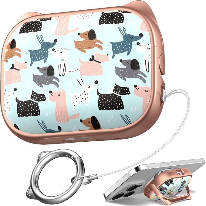 for AirPods Pro 2 Case with Cleaning Kit, Cute Cat Ear Print Design & Cute Buckle for Girls, Phone Holder & Top Safe Lock Buckle Design for AirPods Pro 2nd/1st Gen case, Rose Gold Animal