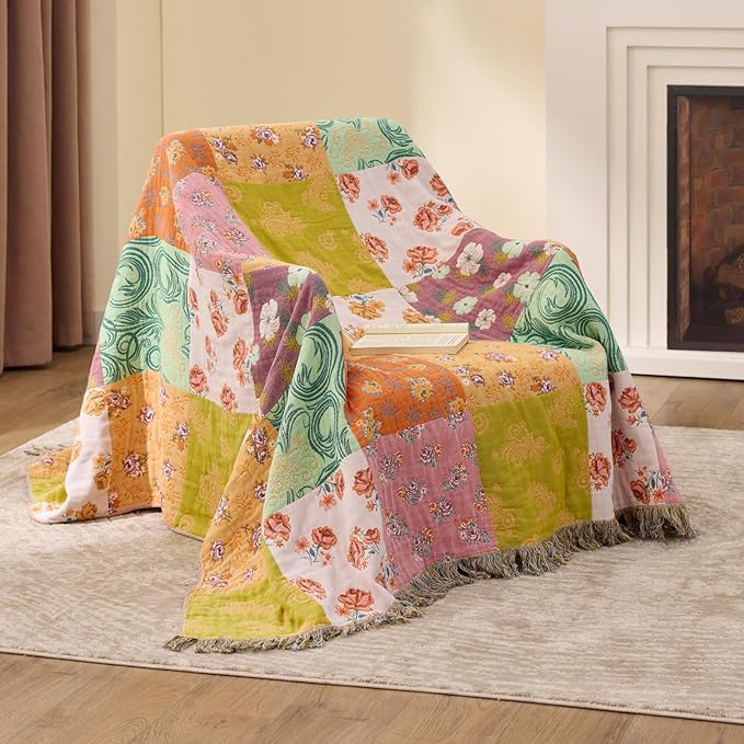 RILIHO 100% Cotton Boho Throw Blanket for Home Decor – Classic Farmhouse Quilt Bedding, Muslin Blankets for Adults, Vintage Woven Decorative Blanket for Couch, Bed Layering Use, Patchwork, 60"x80"