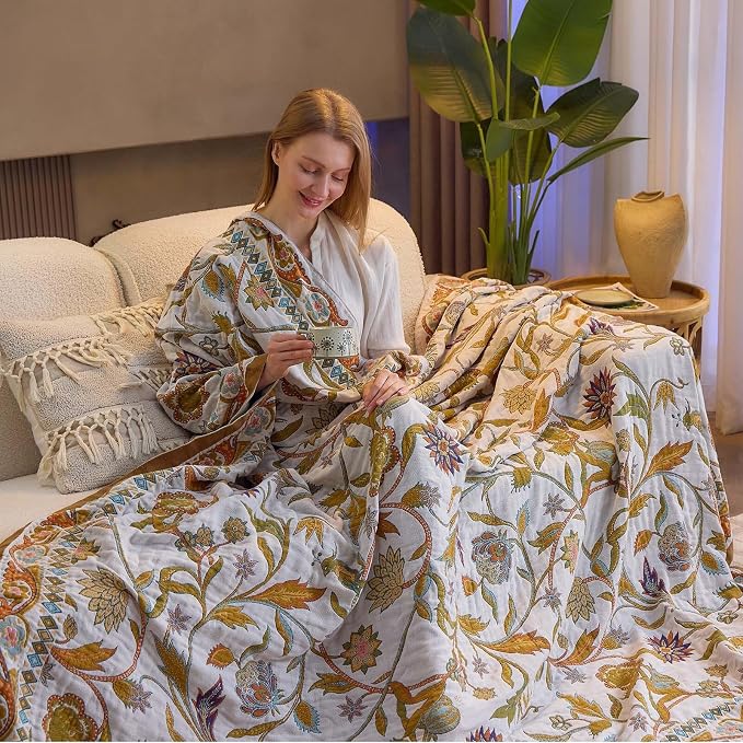XIBLC Fall Throw Blanket for Couch, Brown Boho Decorative Throw Blanket, 100% Cotton Muslin Breathable Woven Farmhouse Blankets Quilt, 90"x98" Reversible Lightweight Blankets Bohemian Throw Quilt