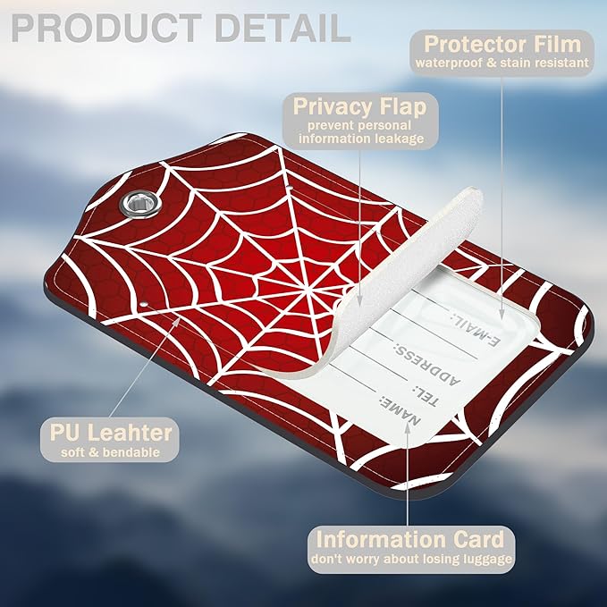 2 Pack Luggage Tags for Suitcases Spider Web Leather Luggage Tags Privacy Cover ID Label with Stainless Steel Loop and Address Card for Women Men Travel Bag Backpack