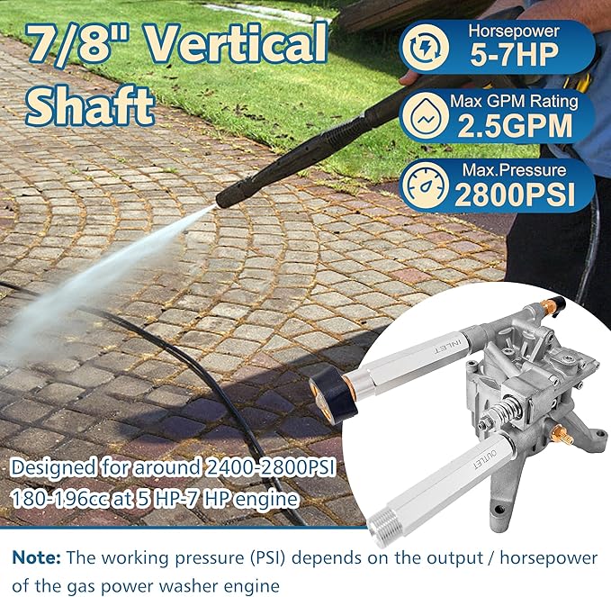 High Pressure Washer Pump 2400-2800 PSI Vertical 7/8'' Shaft Power Washer Pump Replacement for Pressure Power Washer