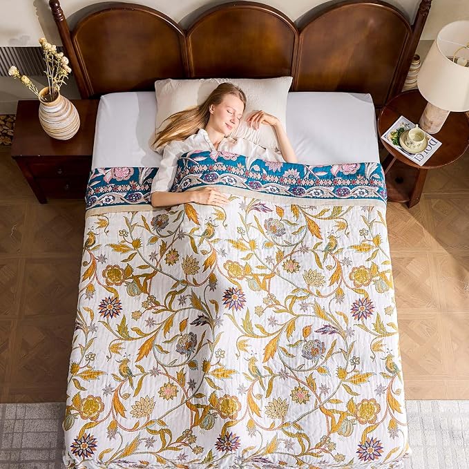 XIBLC Fall Throw Blanket for Couch, Brown Boho Decorative Throw Blanket, 100% Cotton Muslin Breathable Woven Farmhouse Blankets Quilt, 90"x98" Reversible Lightweight Blankets Bohemian Throw Quilt