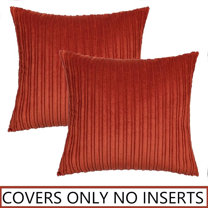 UGASA Fall Decor Super Soft Striped Corduroy Pillow Covers Large Throw Pillow Sham Cushion Cover Living Room, 2 Pcs, 16" x 16" (40cm), Burnt Brick