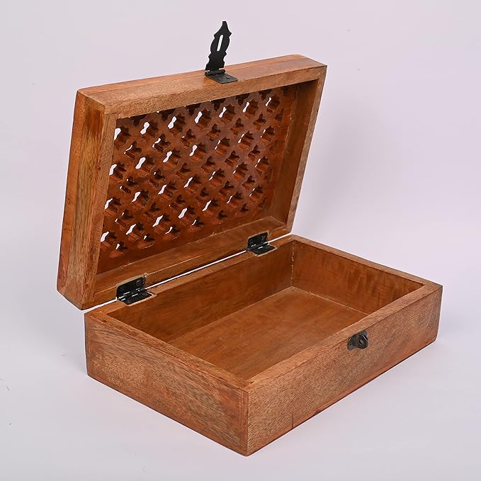 Mango Wood Decorative Wooden Box with Hinged Lid in Jali Carvings Used as Storage Box Christmas Gifts Items (9" x 6" x 3')