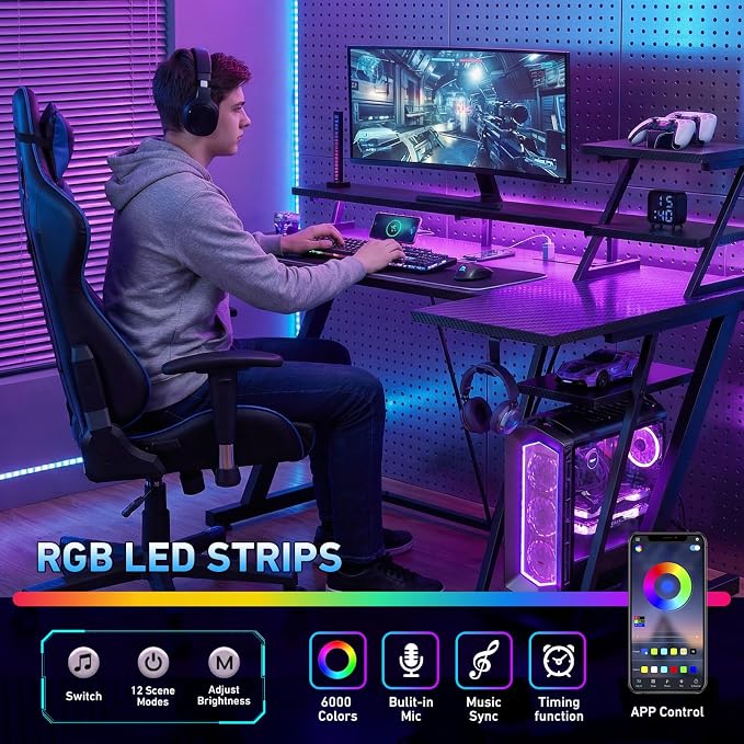 Korfile 40 Inch Gaming Desk with LED Lights & Power Outlet, L Shaped Computer Gaming Table with Storage Shelves, Reversible Corner Desk with Monitor Stand for Home Office, Carbon Fiber Black | L Shaped Computer Gaming Table, Reversible Corner Desk, Sto...
