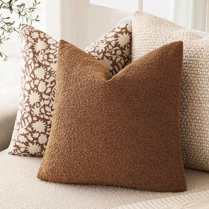 Foindtower Pack of 2 Textured Boucle Throw Pillow Covers Accent Solid Pillow Cases Cozy Soft Decorative Couch Cushion Case for Chair Sofa Bedroom Living Room Home Decor 18x18 Inch Hazel Brown