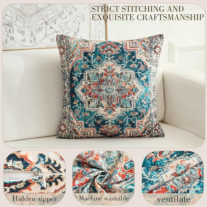 Boho Throw Pillow Covers 24x24 inch Set of 2,Boho Vintage Carpet Pattern Antique Ethnic Decor Double Sided Pattern Cushion Cover Soft Pillow Case Living Sofa Room Bed Square Pillow Cover