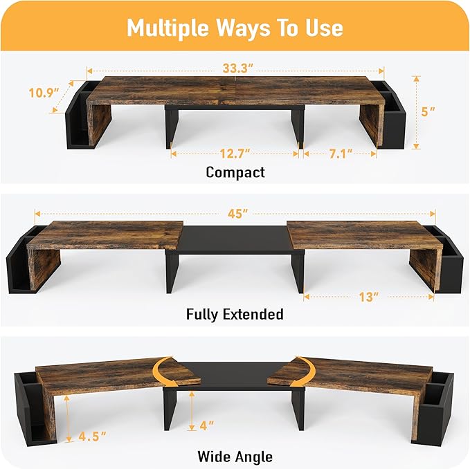 Simple Houseware Desk Dual Monitor Stand Riser with Drawer, Rustic Brown | Customizable Organizer Tray, Built-In Phone & Tablet Slot and Side Storage