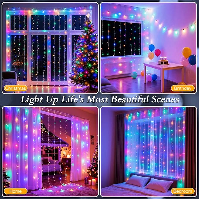 200 LED Rainbow Curtain String Lights 9.8 * 6.6FT Plug in Fairy with Timer and 8 Modes, Waterproof Window Wall Lights for Bedroom Wedding Party Indoor Outdoor Christmas Decor