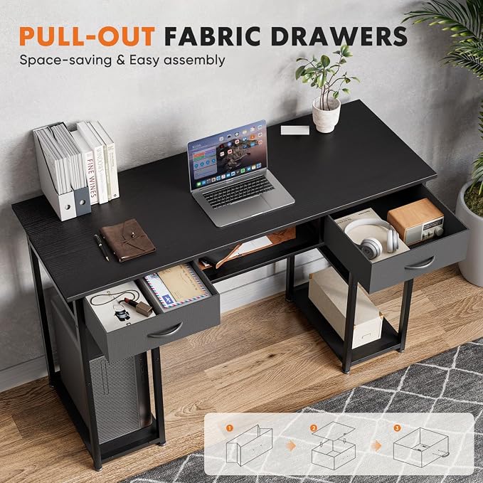 47 Inch Computer Desk with 2 Drawers, Home Office Desk with Wooden Shelves, Study Writing PC Table for Small Spaces, Bedroom, Dorm or Living Room, Black