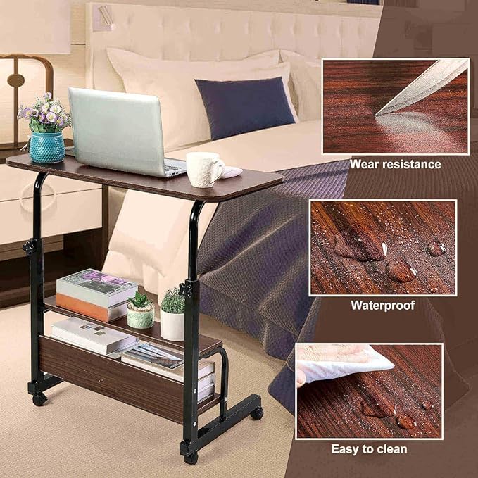 Adjustable Table Student Computer Desk Portable Home Office Furniture Small Spaces Sofa Bedroom Bedside Learn Play Game Desk on Wheels Movable with Storage Size 31.5 * 15.7 Inch Brown A