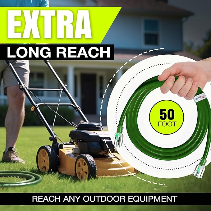 50ft Outdoor/Indoor Extension Cord 12/3 Gauge Extra Heavy Duty 3 Prong SJTW, Waterproof, Flexible Cold-Resistant Long Power Cord,15A 125V 1875W, Green by LifeSupplyUSA