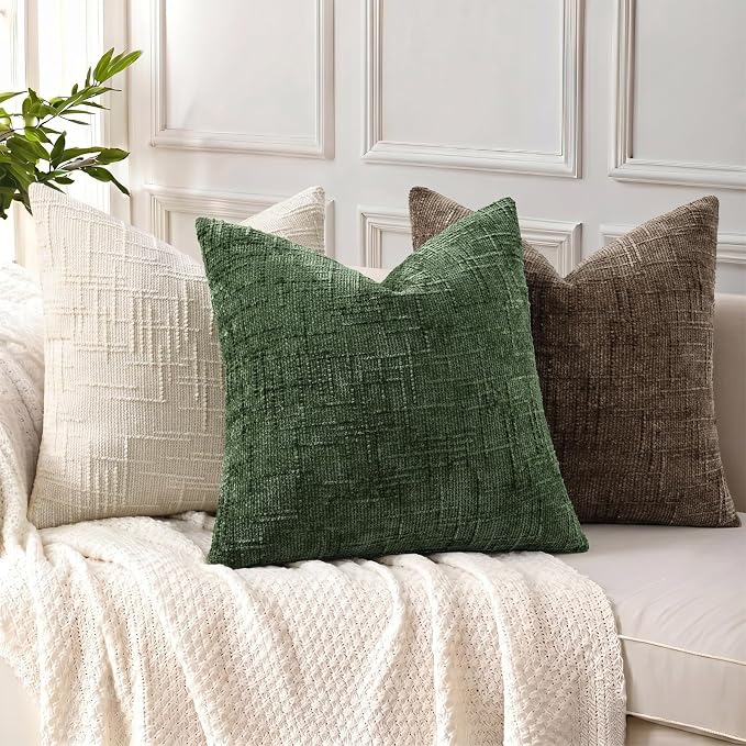decorUhome Textured Chenille Throw Pillow Covers 16x16 Set of 2 Emerald | Fall Modern Farmhouse Soft Cozy Slubby Couch Pillow Cases Boho Decorative Pillow Cases for Bed Sofa Living Room Home Decor