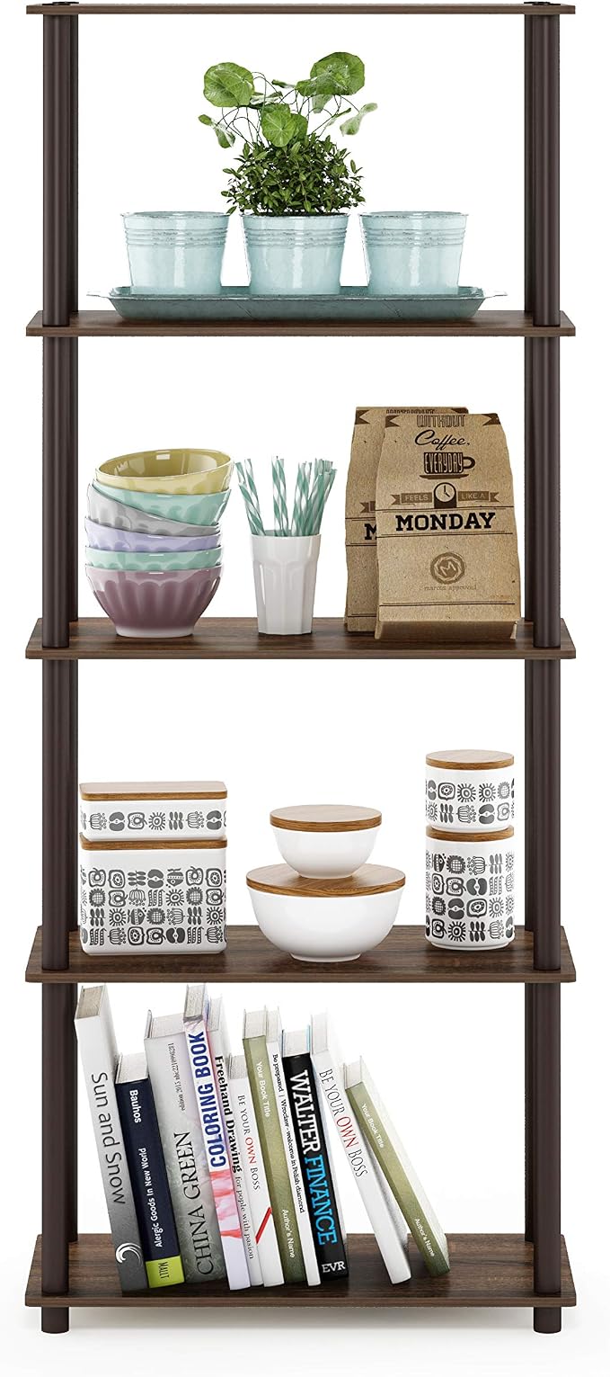 Furinno TURN-N-TUBE Storage Shelves, 5-Tier Book Shelf, Corner Shelf, Toolless Open Shelves, for Organization and Storage, Living Room, Garage, Home Office, Walnut