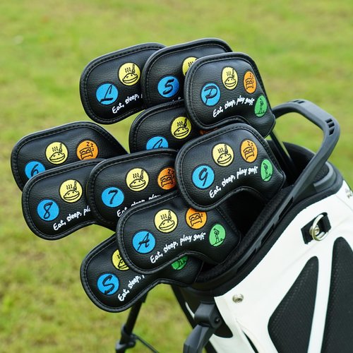 Craftsman Golf 10pcs Funny Eat Sleep Golf Magnetic Closure Classic Black Synthetic Leather Iron Headcover Covers Set Travel Cases Protector