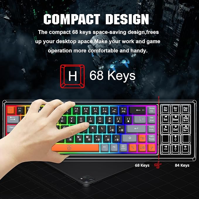 Snpurdiri 60% Percent Gaming Keyboard (68 Keys, Black-Grey-Orange) | Compact RGB Backlit Small Gaming Keyboard for Windows, PC, Laptop