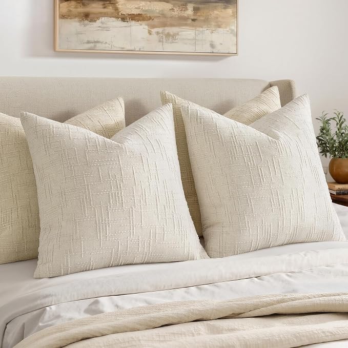 MIULEE Chenille Textured Euro Throw Pillow Covers Cream White 26x26 | Set of 2, Slubby Decorative Pillows, Boho Farmhouse Home Decor, Modern Neutral Cushion Covers for Couch Sofa Bed Living Room