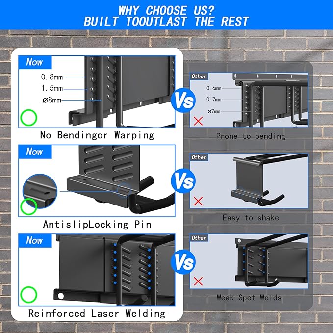 CBWLWJ 48 Inch Garage Tool Organizer Wall Mount - Heavy Duty 480 lbs Capacity Tool Rack with 6 Adjustable Bilayer Hooks, Wall Mounted Storage System for Garage, Shed, Workshop (Black)