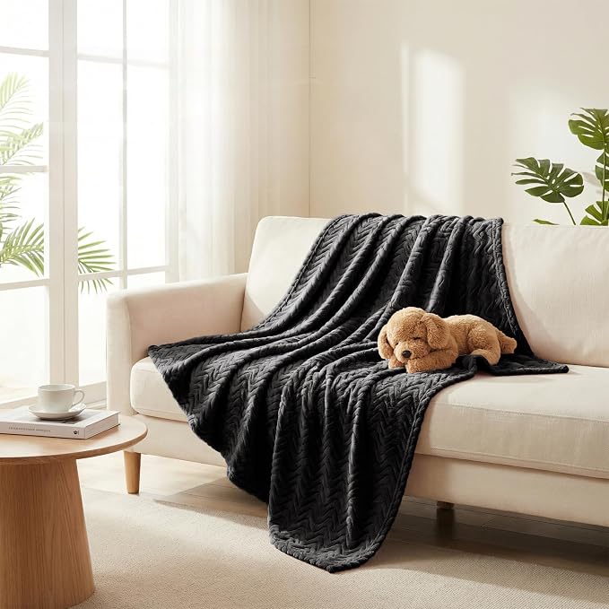 Exclusivo Mezcla Soft Fleece Blanket Queen Size for Bed, Sofa, Black | 90"x90" Breathable Lightweight Flannel Blanket for Summer, Plush Cozy Jacquard Wave for Home Decor