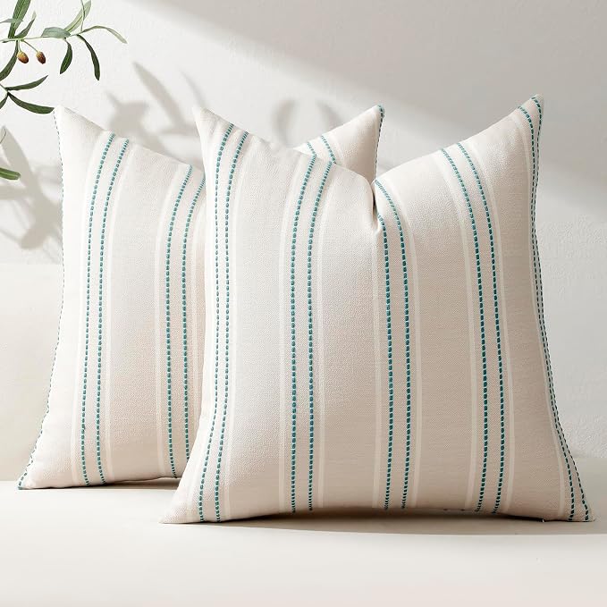 Hckot Stripe Throw Pillow Covers 24x24 Set of 2 Teal Blue Pillow Covers | Euro Sham Farmhouse Decorative Pillows Textured Linen Square Cushion Covers for Sofa Couch Bed Living Room Decor