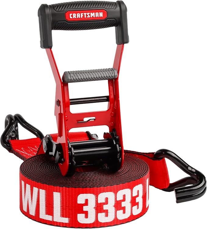 CRAFTSMAN CMXAZBS10000J Black/Red 2" x 27' Ratchet Tie Down Strap with Double J Hook - Heavyweight/Industrial Duty (10,000 lb Break Strength)
