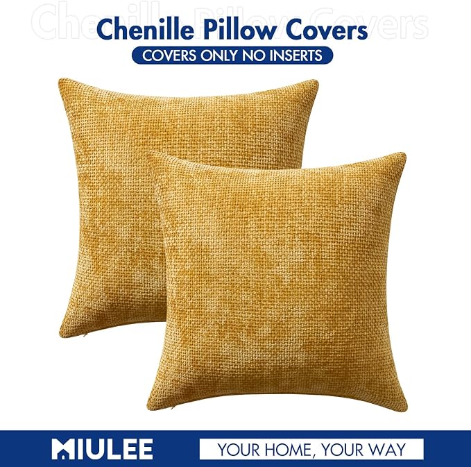MIULEE Decorative Couch Throw Pillow Covers 18x18 in Mustard Yellow 2 Pack | Modern Boho Accent, Soft Chenille Pillow Covers, Farmhouse Cushion Cases for Home Decor Bed Sofa Living Room