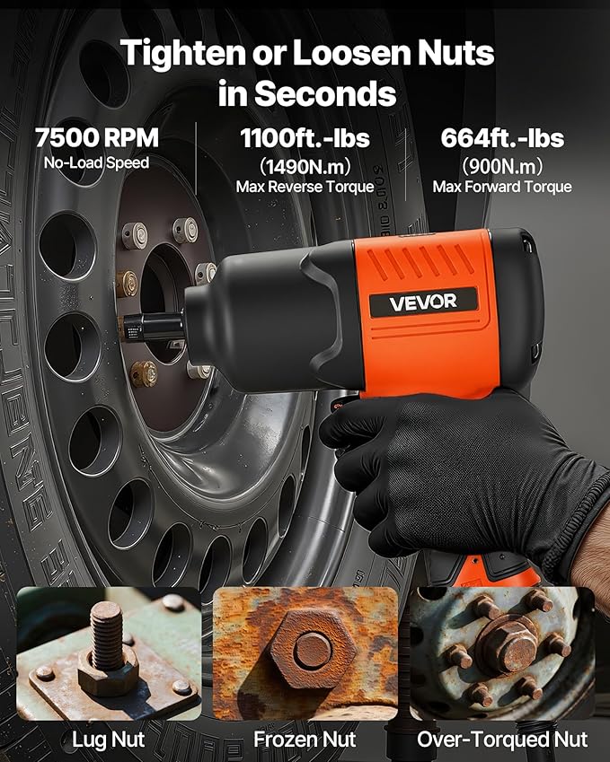 VEVOR Air Impact Wrench, 1/2" Drive Pneumatic Impact Wrench Up to 1100 ft-lbs Reverse Torque, 7500RPM 4-Speed Adjustable & Lightweight Pneumatic Gun for Auto Repairs and Maintenance