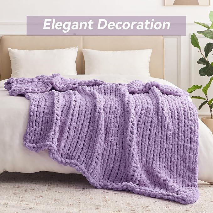 Negwoo Chunky Knit Throw Blanket, Knitted Throw Chenille Yarn, 40"*50" | Soft Thick Cable Knitted Blankets, Handmade Big Thick Blanket,Machine Washable Cute Comfy Blanket for Home Decor,Light purple