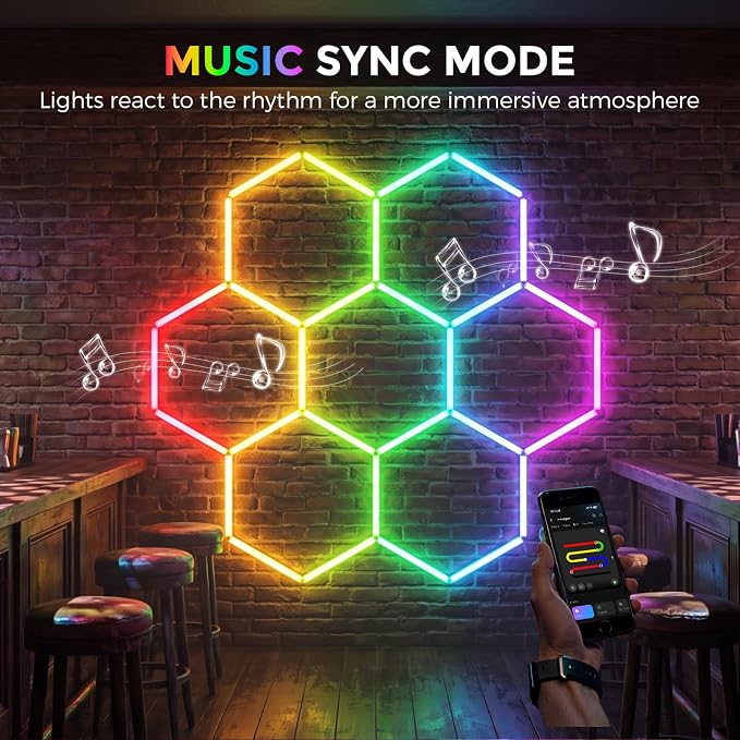 RGB Hexagon Garage Lights 7 Hex, Duplex Signal RGB Hexagon Led Lights with Music Sync Mode, Easy Setup RGB Ceiling Lights for Garage, Gym, Studio, Gaming Room, Party, Bar