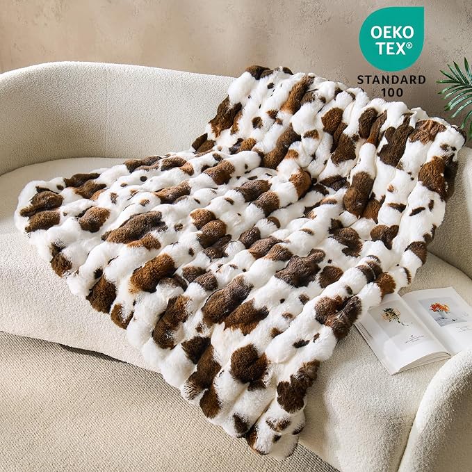 DOWNCOOL Faux Rabbit Fur Throw Blanket, Soft Fluffy Fuzzy Plush Bubble Blanket for Couch Sofa & Bed, Cozy Warm Luxury Fleece Minky Blanket, 60x80 Inches Cow Print-Brown