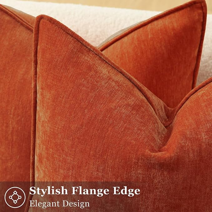 decorUhome Chenille Rust Velvet Throw Pillow Covers 24x24 Set of 2 | Fall Soft Euro Sham Couch Decorative Modern Farmhouse Pillow Cases with Elegant Design for Sofa Bed Living Room Home Decor
