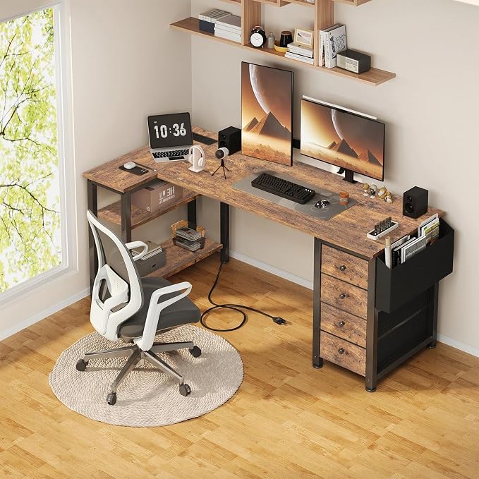 Lufeiya L Shaped Computer Desk with Drawers & Storage Shelves, 55 Inch Corner Desk with Power Outlet for Home Office Bedroom, L-Shaped Teen PC Gaming Desks with Fabric Drawer, Rustic Brown