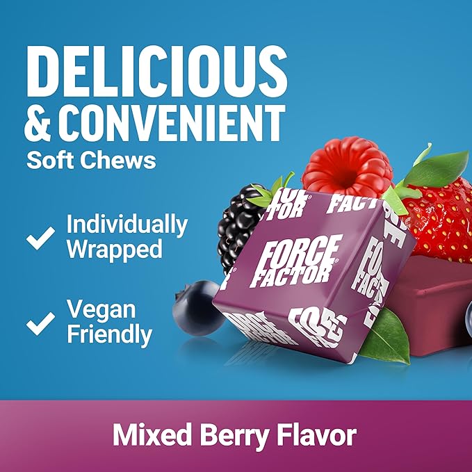 Force Factor Ultimate Magnesium Supplement, 330mg Magnesium Glycinate & Magnesium Citrate, Like Magnesium Gummies, Support Calm, Relaxation, Vegan & Gluten Free, Mixed Berry Flavor, 60 Soft Chews