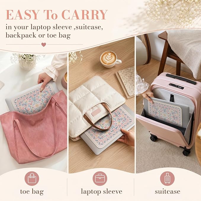 iCasso Aesthetic Small Mouse Pad, 9.5x7.9in,Home Office, Pink Floral | Pink Mini Portable Travel Mousepad, Anti-Slip and Comfortable Cloth Mouse Mat with Stitched Edges for Computer