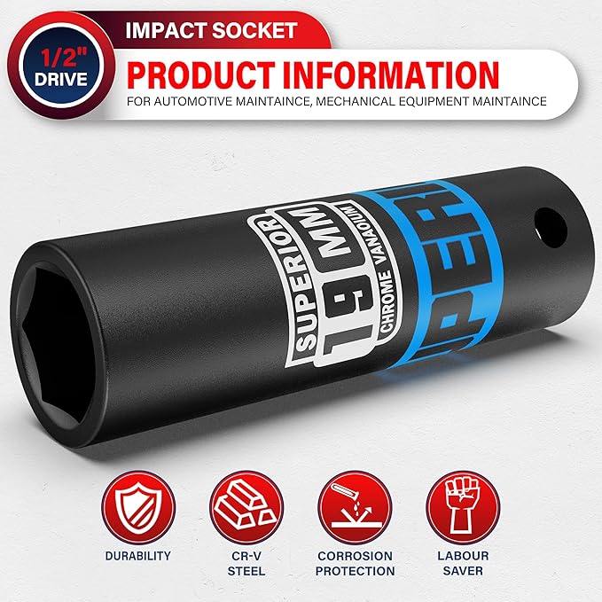 1/2" Drive Impact Socket, 19 mm Deep Socket, Metric, 6 Point, CR-V, for Automotive Maintaince, Mechanical Equipment Maintaince