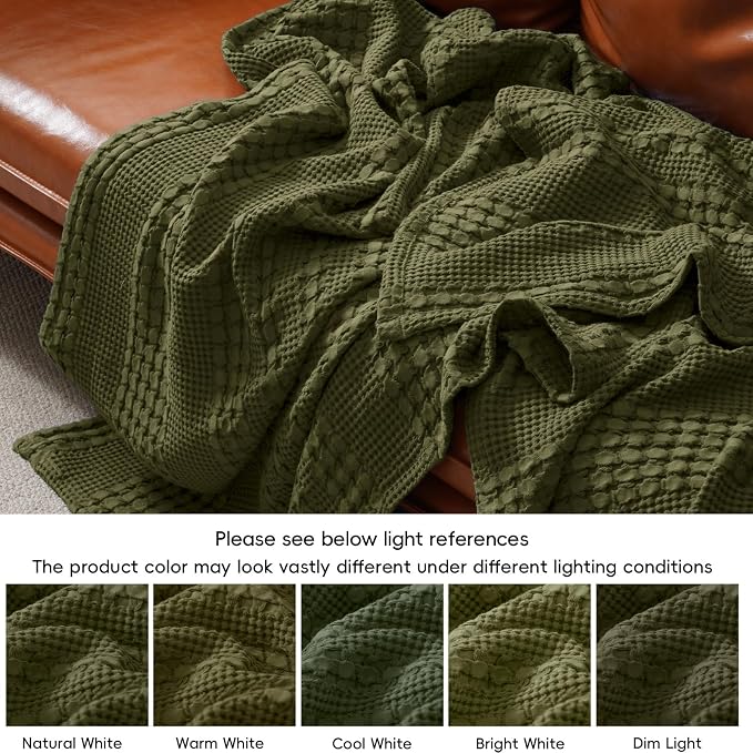 PHF 100% Cotton Waffle Weave Blanket King Size, Lightweight Breathable Summer Blanket for Hot Sleepers, Pre-Washed Soft Layer for Bed, Couch, Home Decor Gift, 108"x90", Capulet Olive