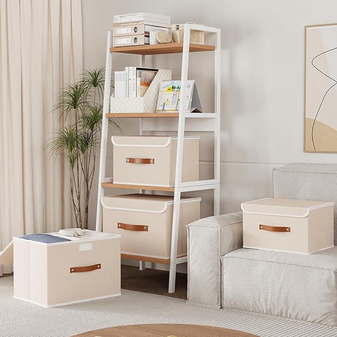 Yawinhe Collapsible Storage Boxes, Linen Fabric Baskets, Bin with lid and Leather Handle, Washable, for Home, Closet, Beige, 17.7''Lx11.8''Wx11.8''H, 1-Pack, USNK024BEX-1